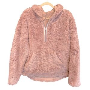 FP Movement Off the Record Fluffy Teddy Half Zip Hoodie Pink Small Cozy